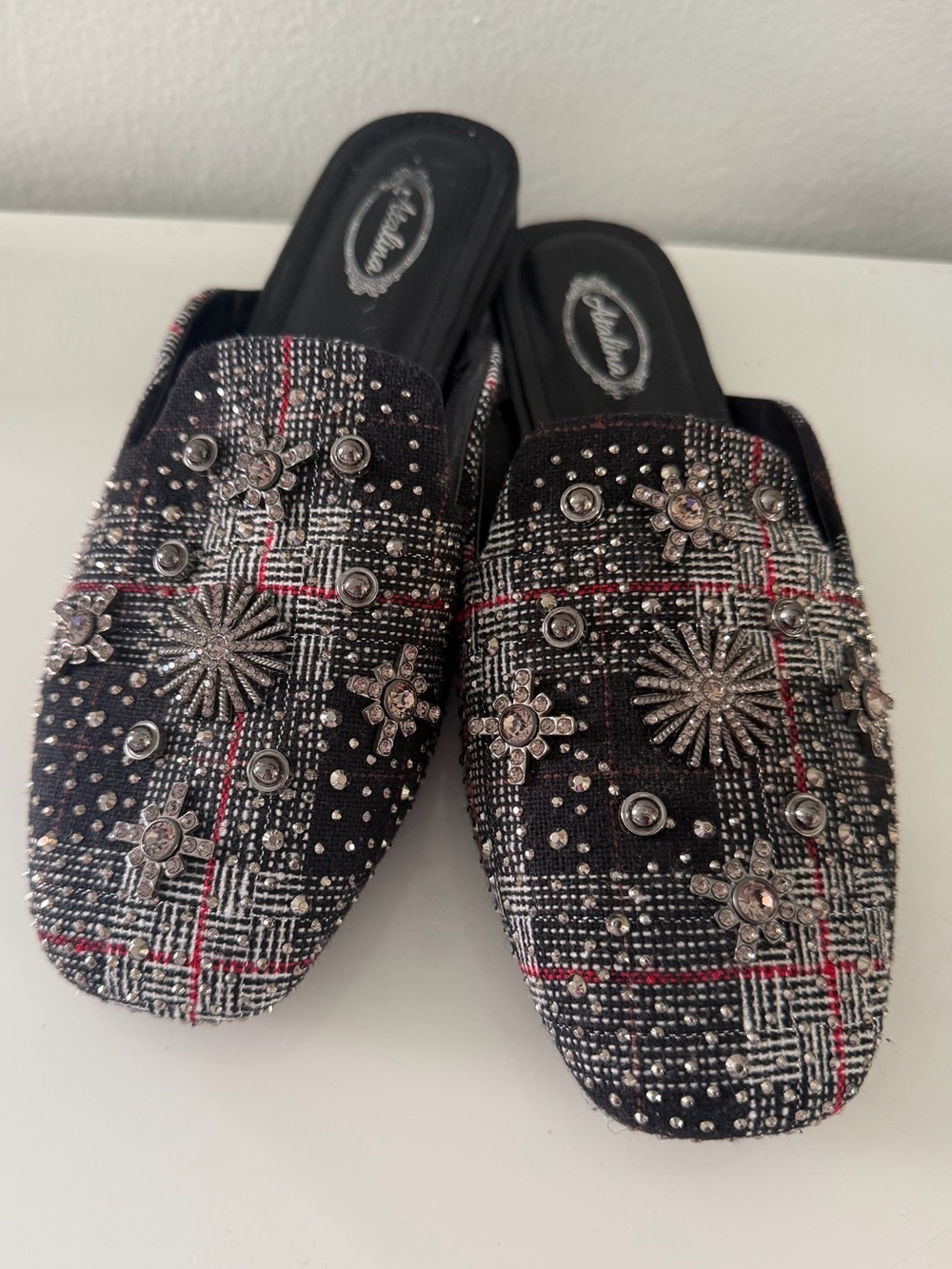 Atalina Embellished Black Plaid Slip-On Mules with Crystal Accents size 7
